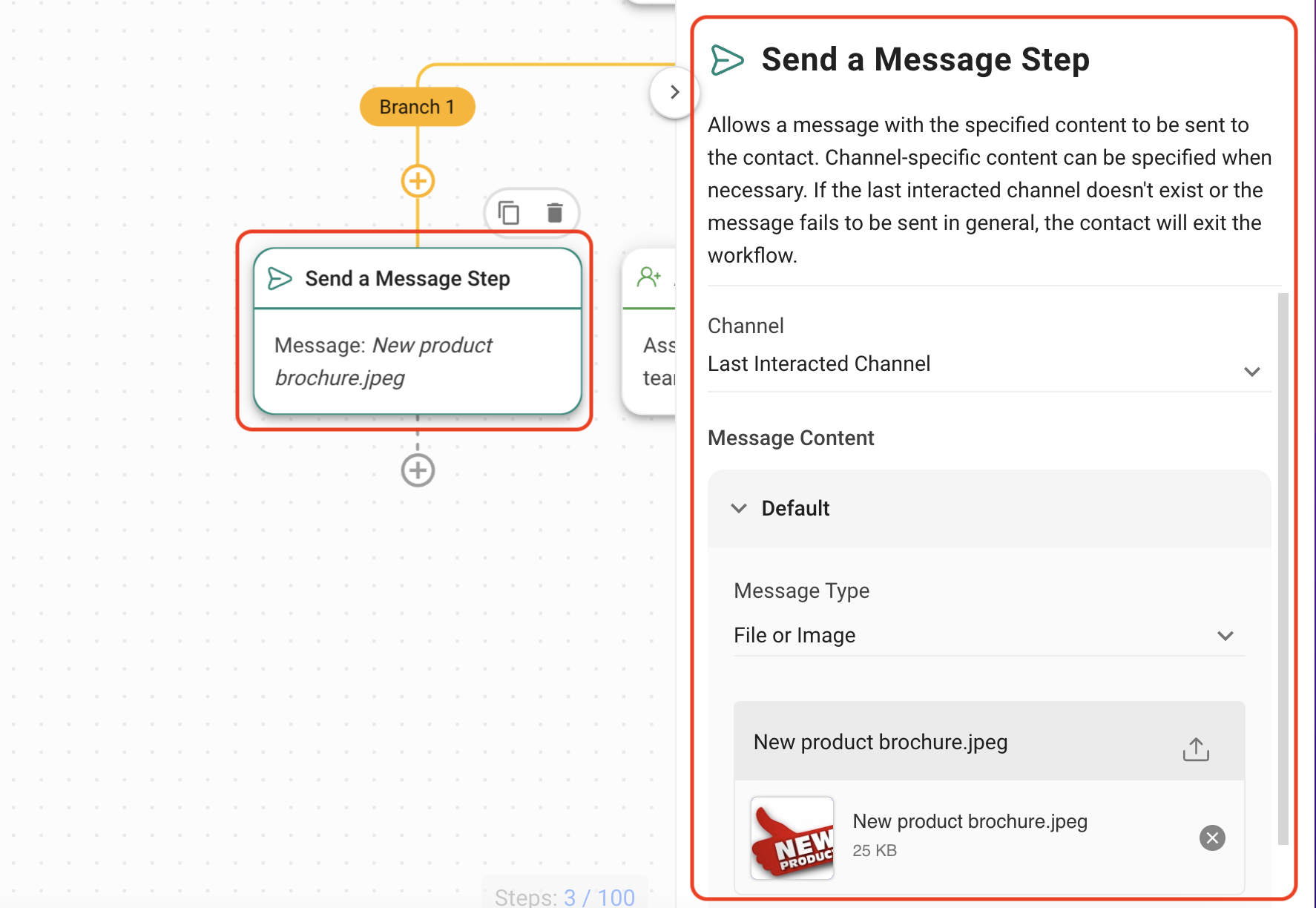 captura de pantalla de enviar un mensaje con adjunto desde un flujo de trabajo