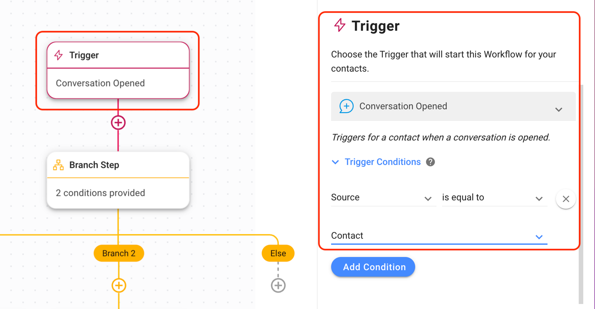 Setting workflow trigger for conversation opened by contact