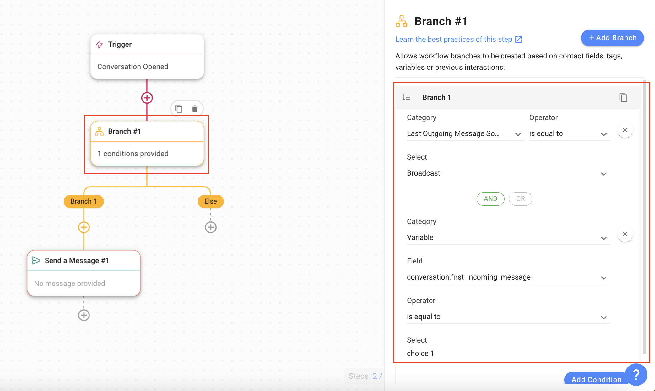 Setting Branch options to check the message content