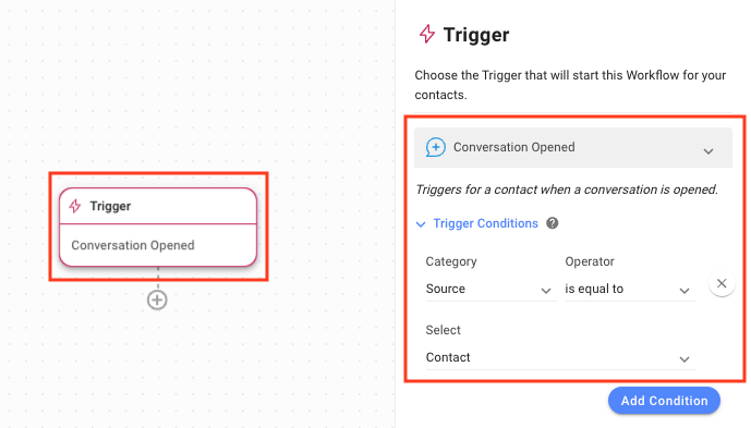 Setting workflow trigger for conversation opened by contact