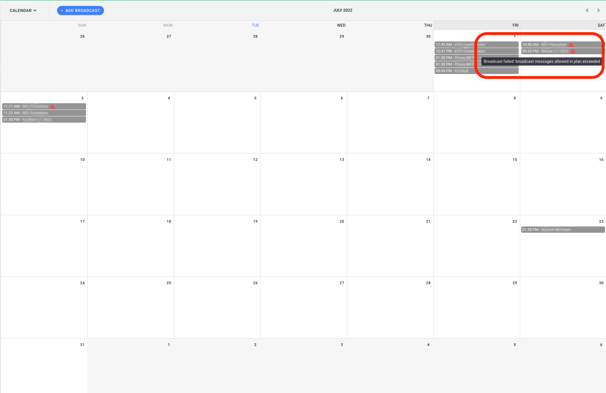 screenshot of the calendar view in the broadcasts module
