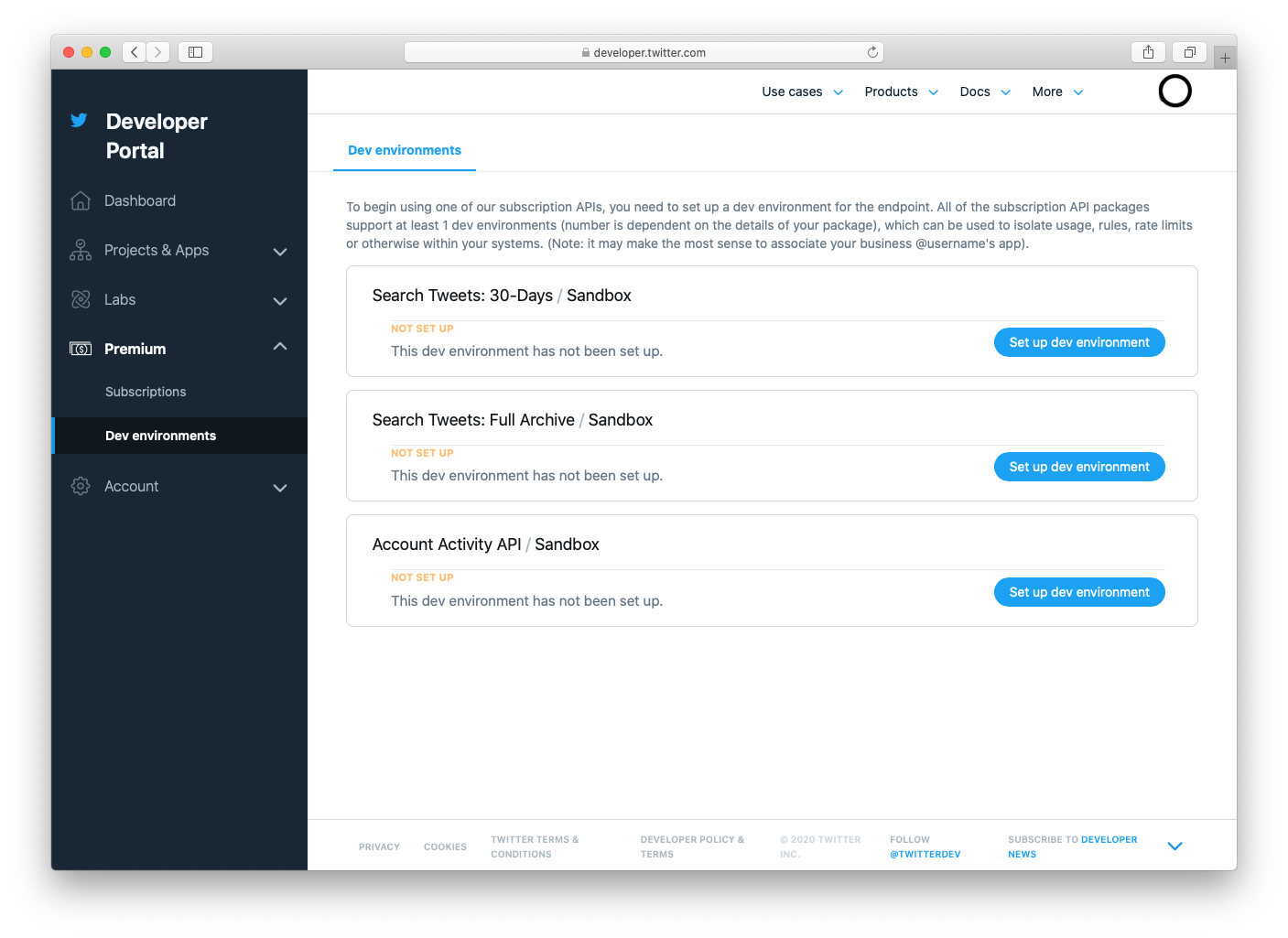 Navigate to the Twitter Dev Environment 