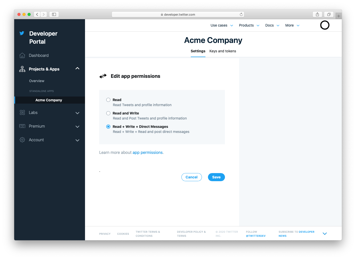 Twitter Developer Portal enable permission