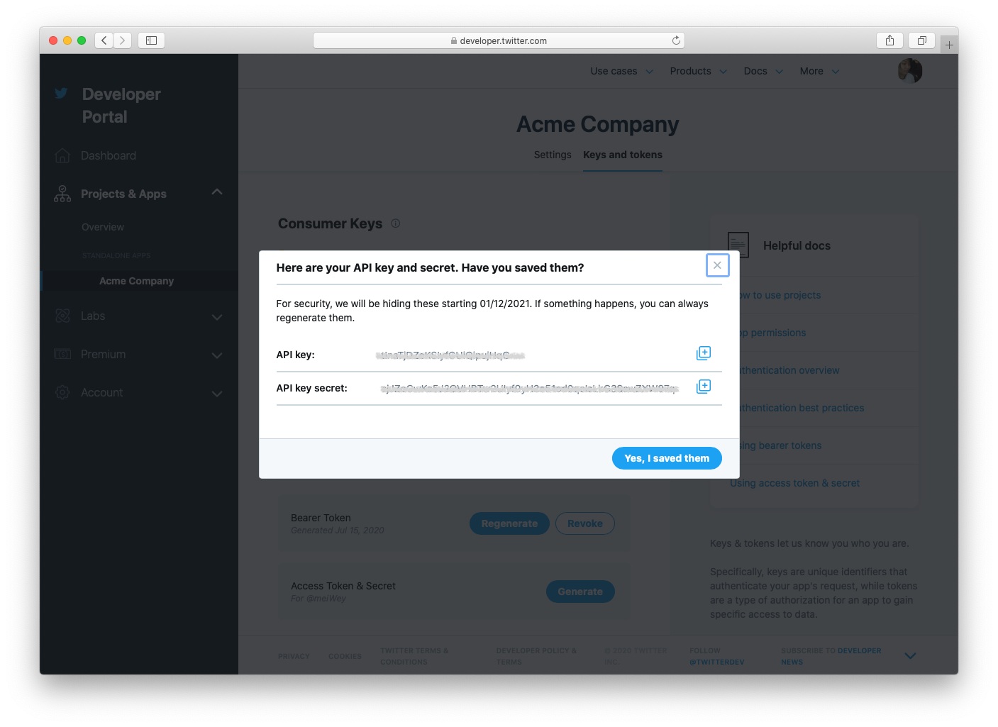 Twitter Developer Portal API key & Key Secret
