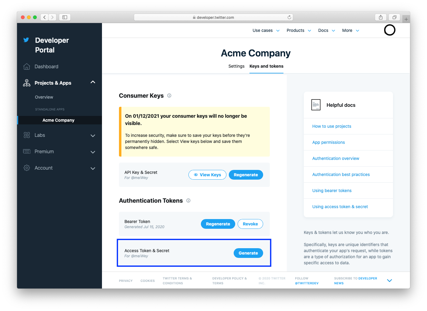 Portal de acceso de desarrolladores de Twitter Token y Token de acceso