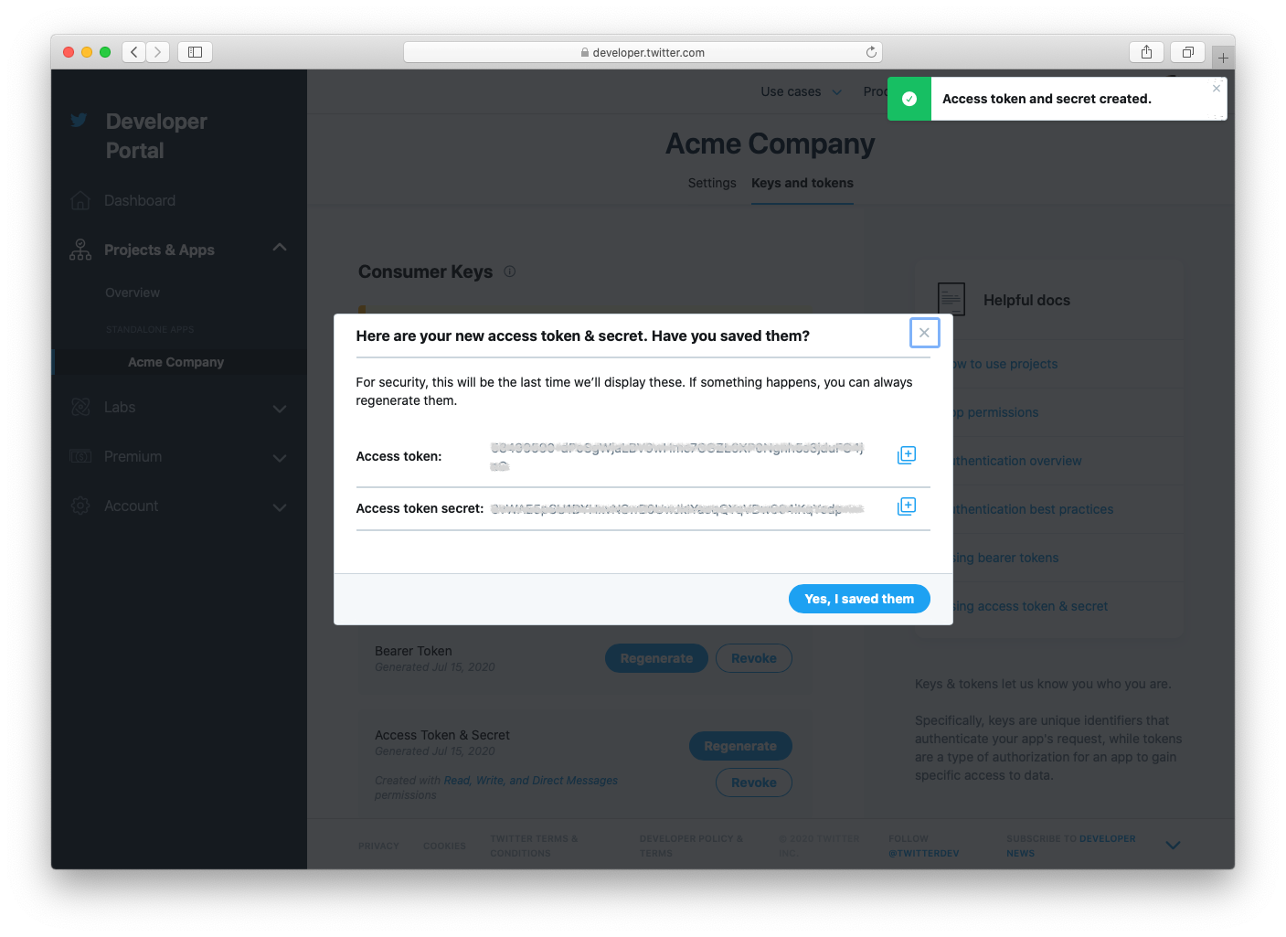 Portal de acceso de desarrolladores de Twitter Token y Token de acceso