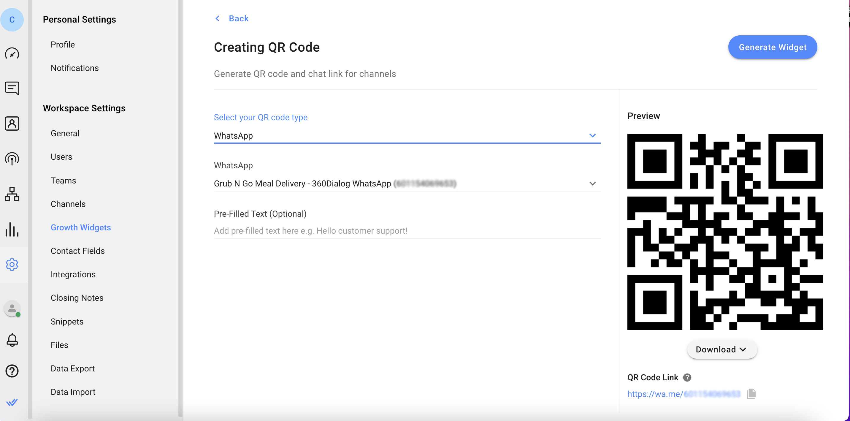 screenshot of where to get a QR code from Growth Widgets