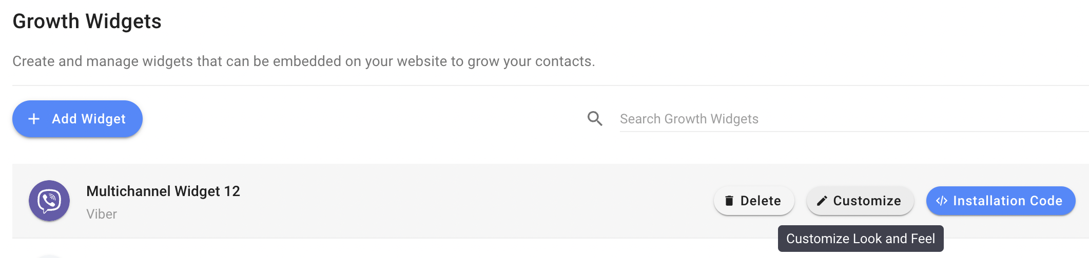 captura de pantalla de la personalización del widget de crecimiento