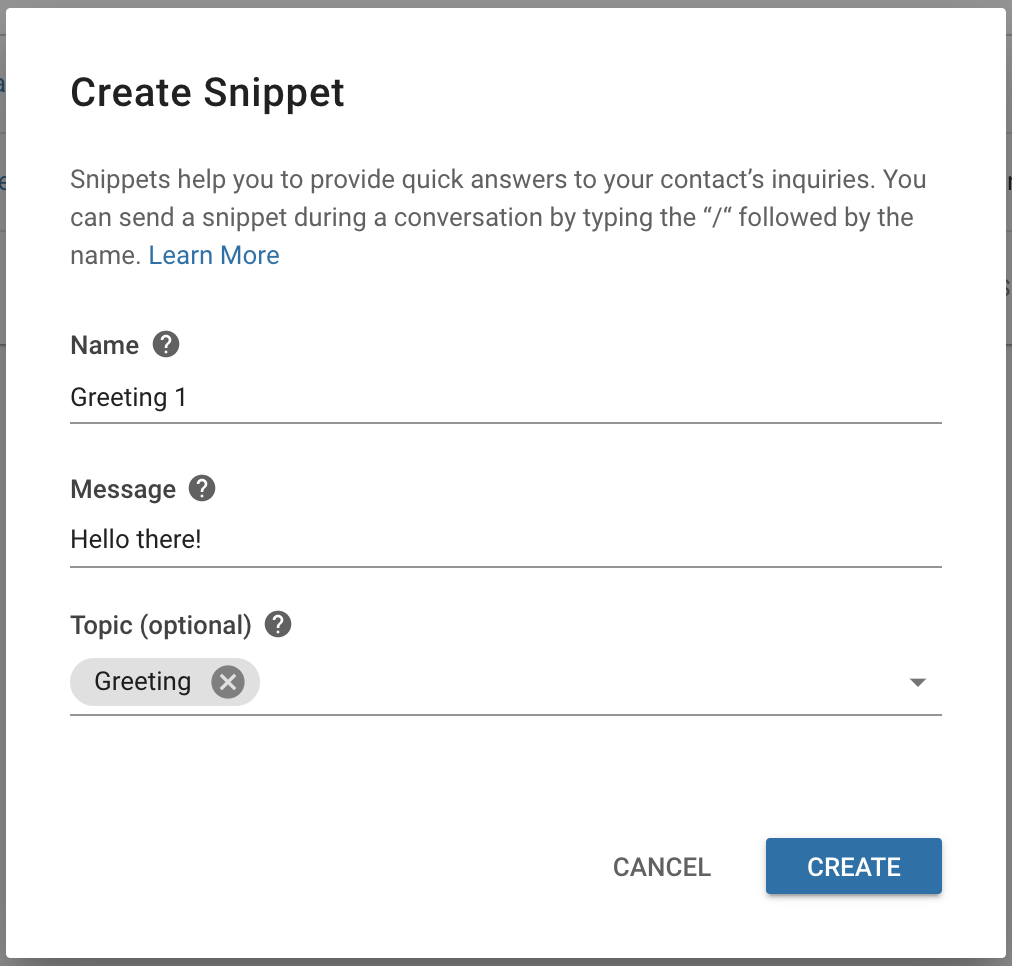screenshot of the create snippet form