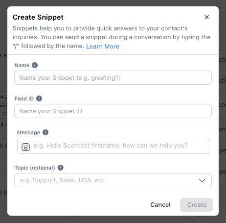 Create Snippet dialog displays