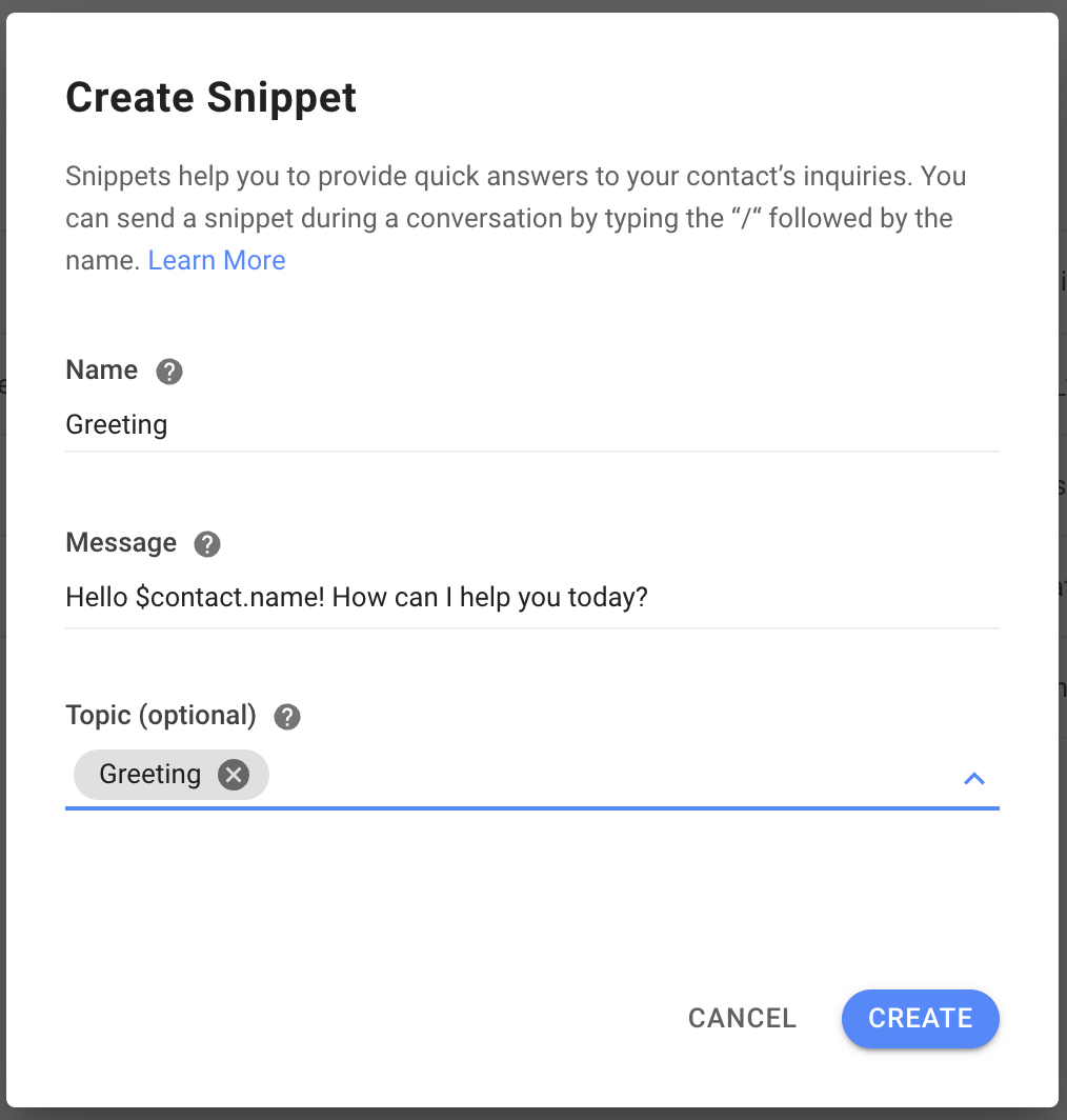 screenshot of the creating a snippet dialog box