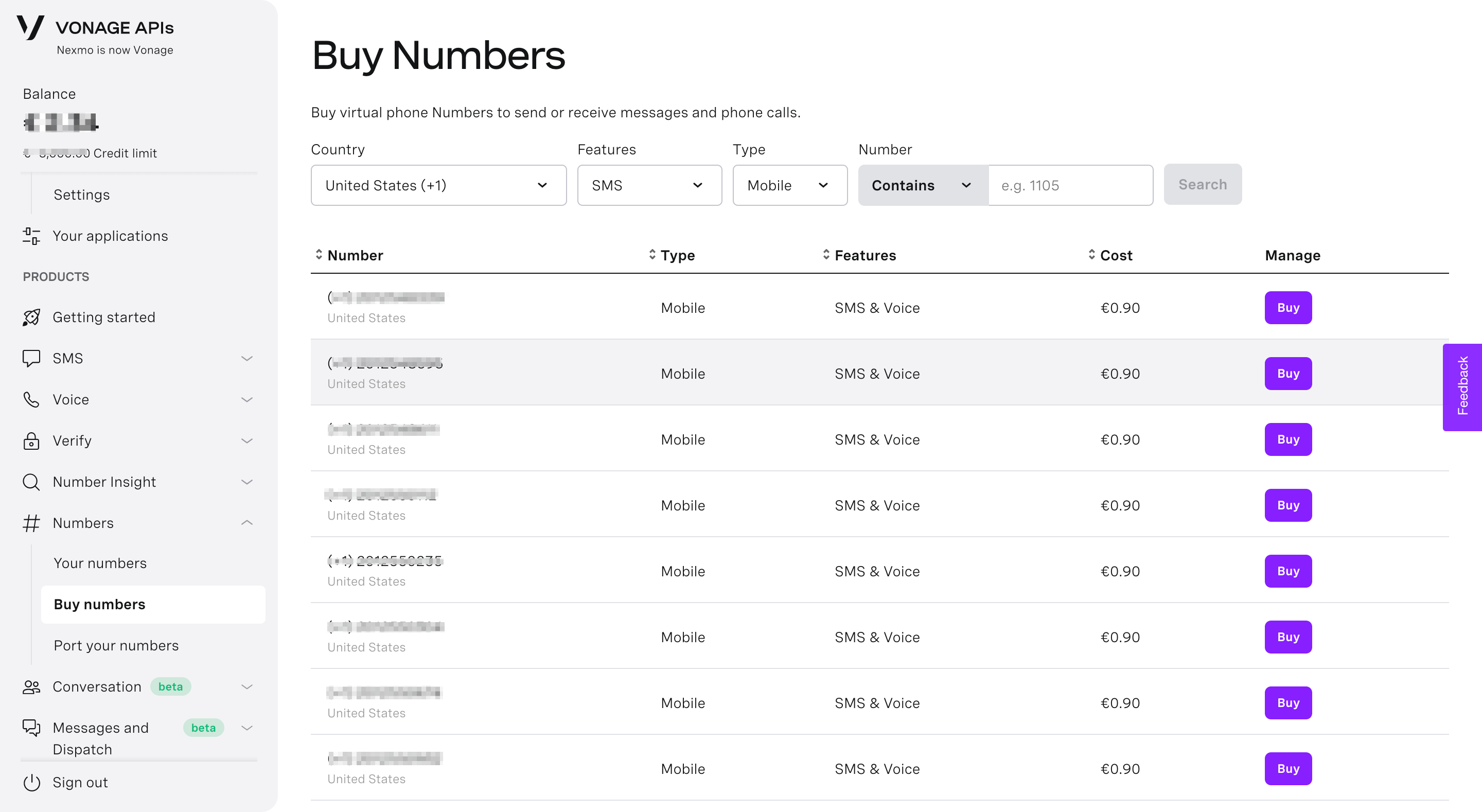 Vonage Purchasing a Virtual Number Page