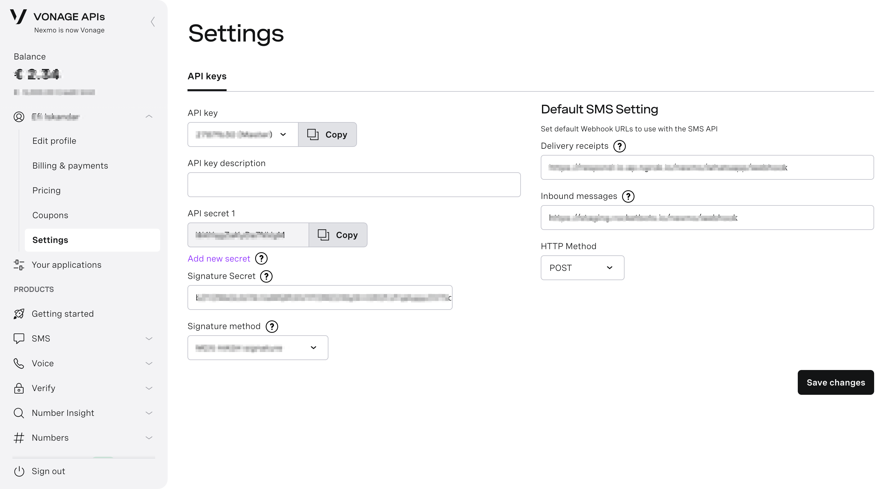 Página de configuración de Vonage