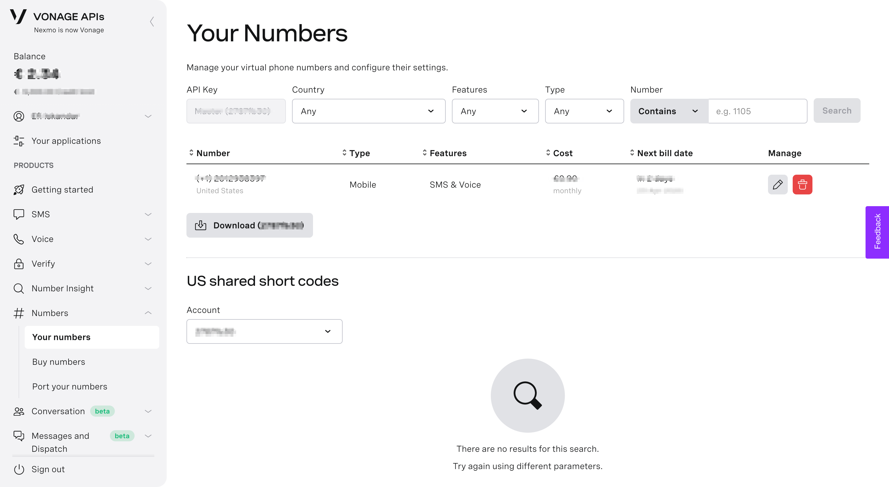 Vonage Dashboard your numbers page