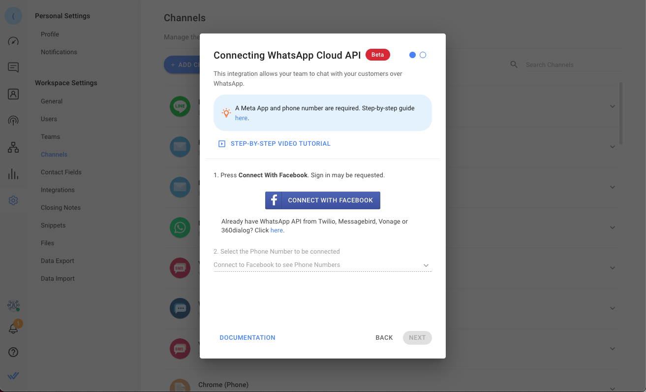Whatsapp Cloud API Connect FB on respond.io dialog