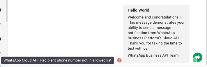 error message for WhatsApp Cloud API test broadcast