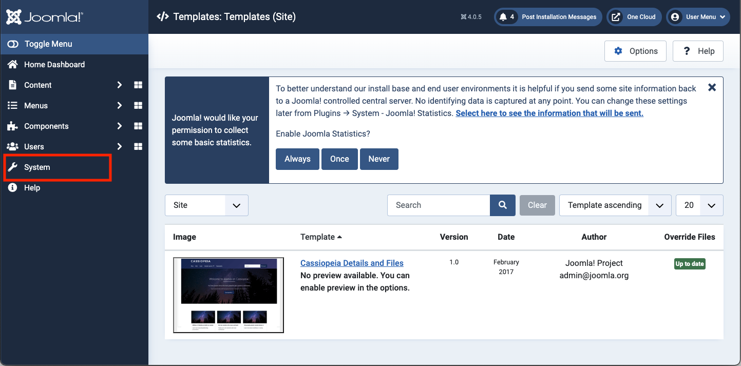 Joomla Admin Panel System Page