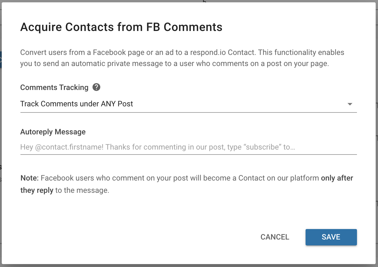 screenshot showing how to set up the option to acquire contacts from Facebook comments