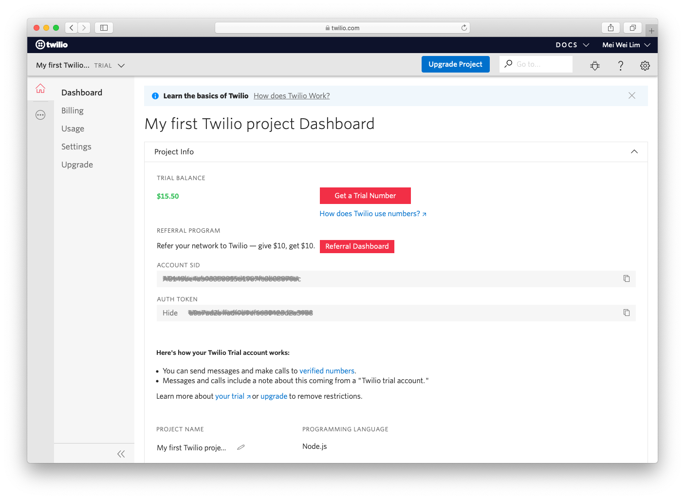 Localice el SID de la cuenta y el token de autenticación en la plataforma Twilio