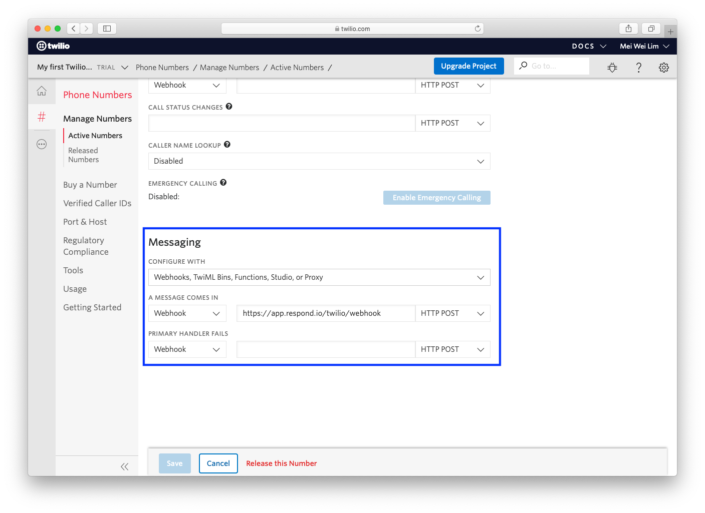 Página de números de teléfono del panel de control de Twilio