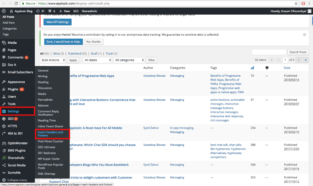 WordPress Plugin Page - navigating to settings and header & footer