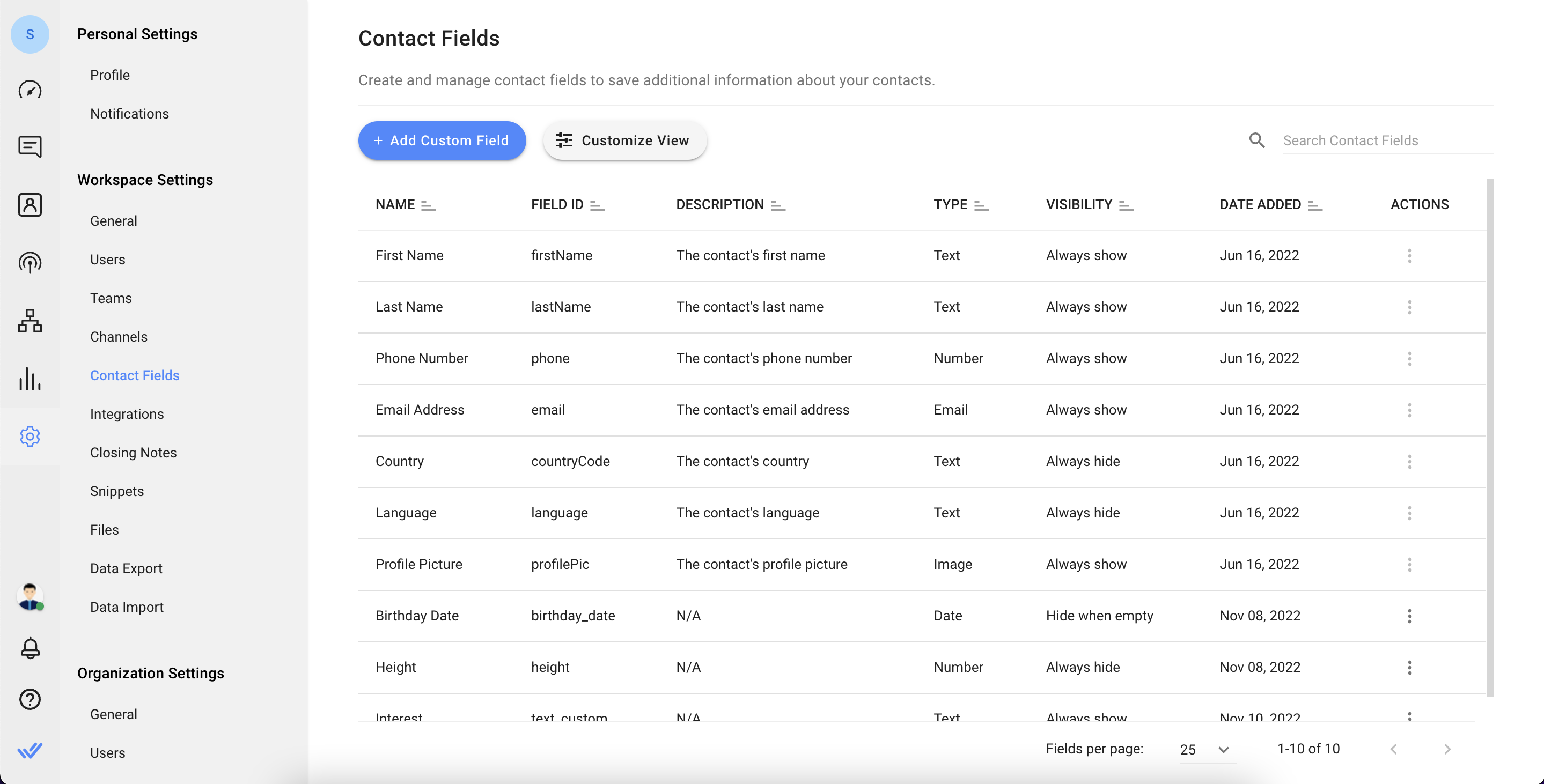 screenshot of main contact fields setting