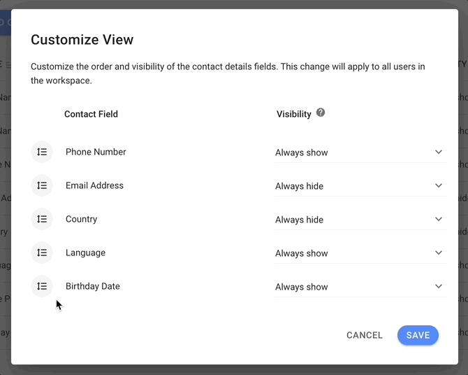 gif showing how to reorder contact fields