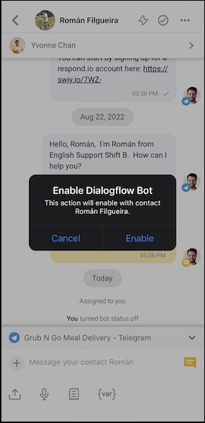 تمكين أو تعطيل Dialogflow Bot