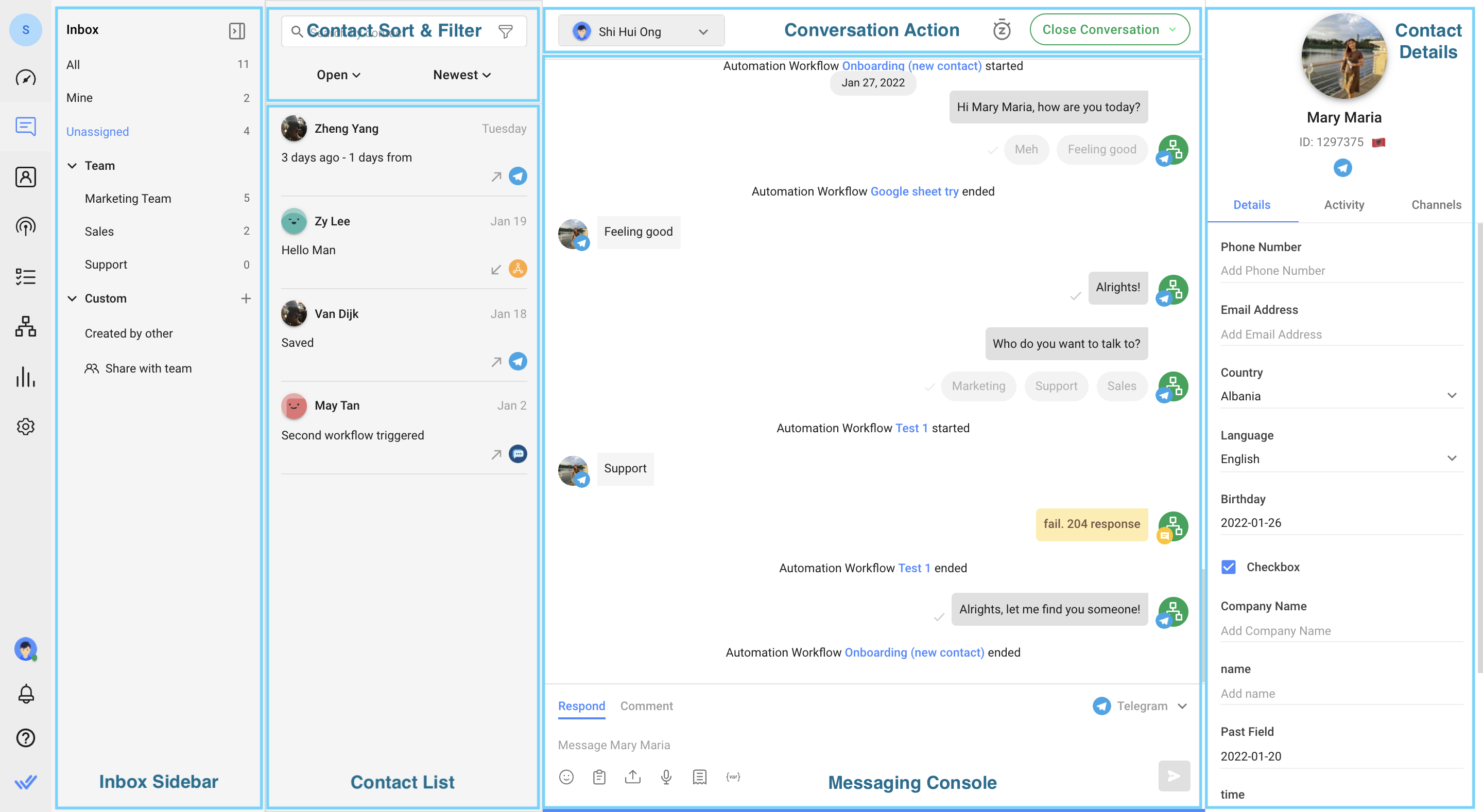 captura de pantalla etiquetada del Módulo de Mensajes mostrando donde están las conversaciones, contactos y filtros