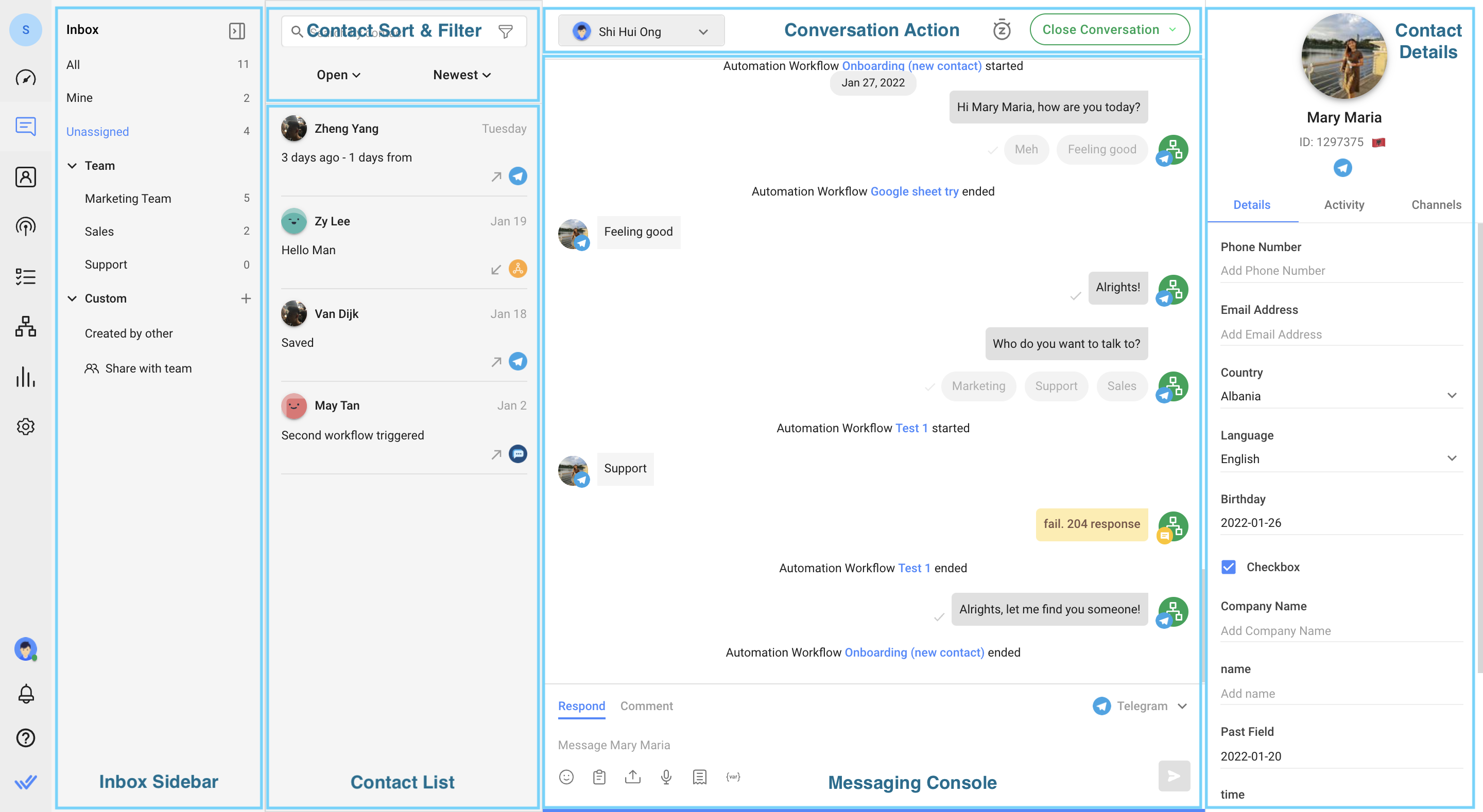 labeled screenshot of Messages Module showing where conversations, contacts and filters are