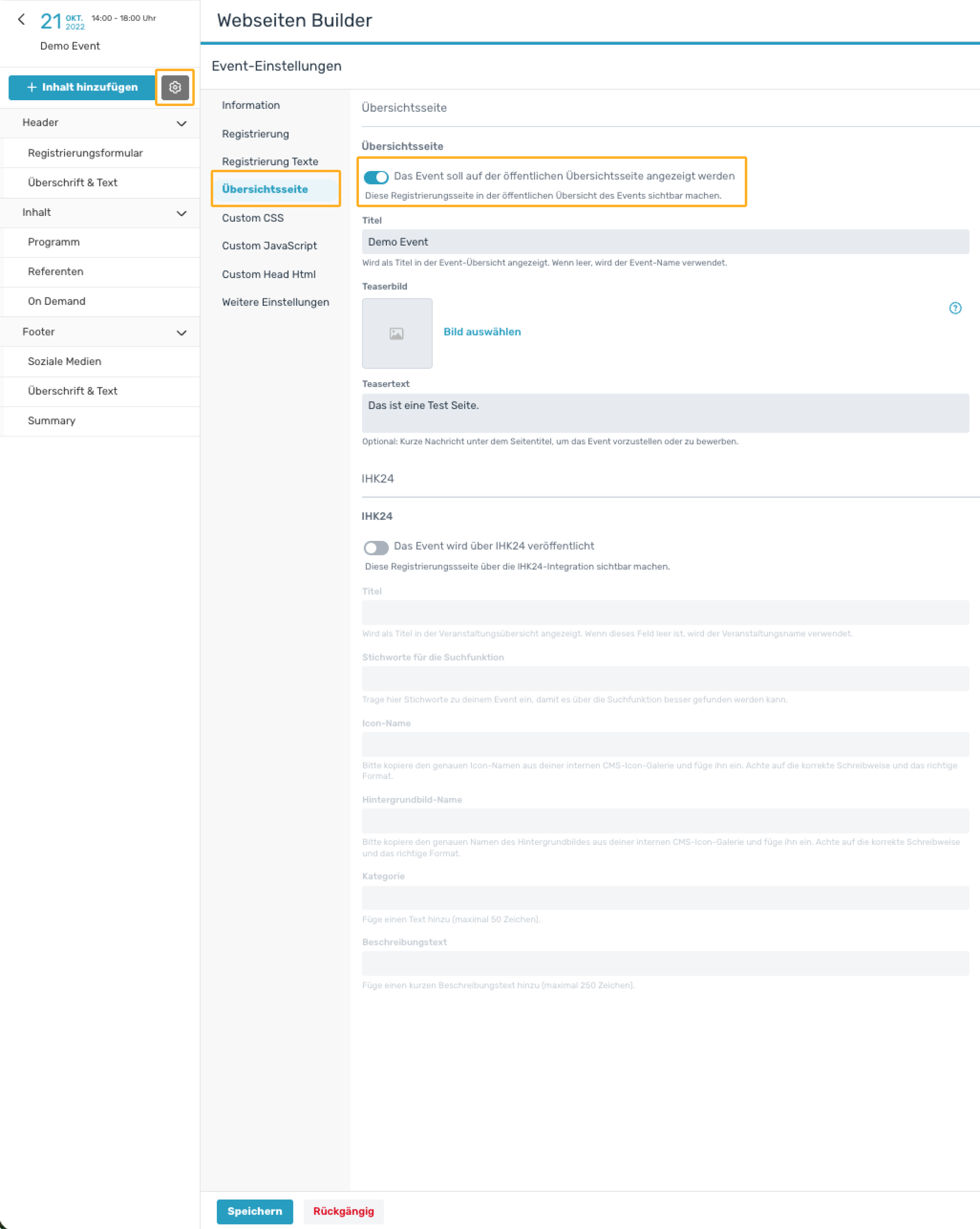 Webseite auf Event Übersicht veröffentlichen