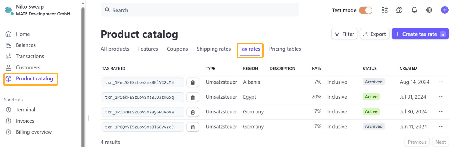 Stripe Tax Rates