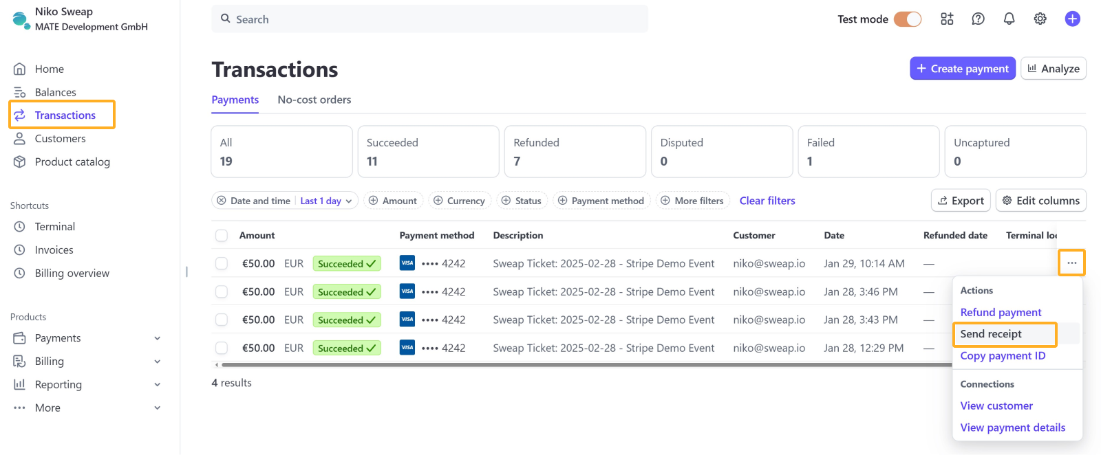 Stripe Send Receipt