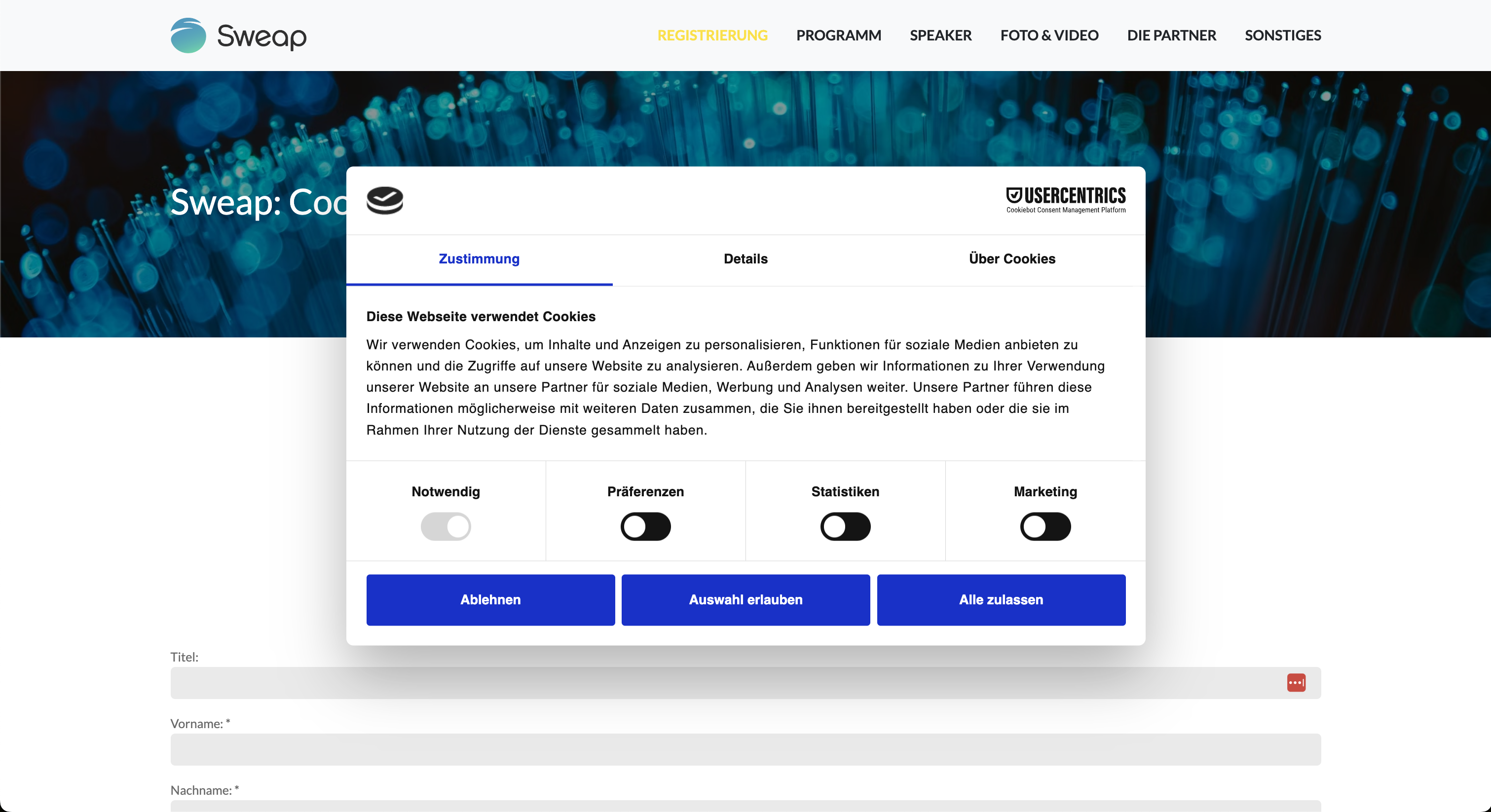 Cookie Banner auf Sweap Registrierungsseite