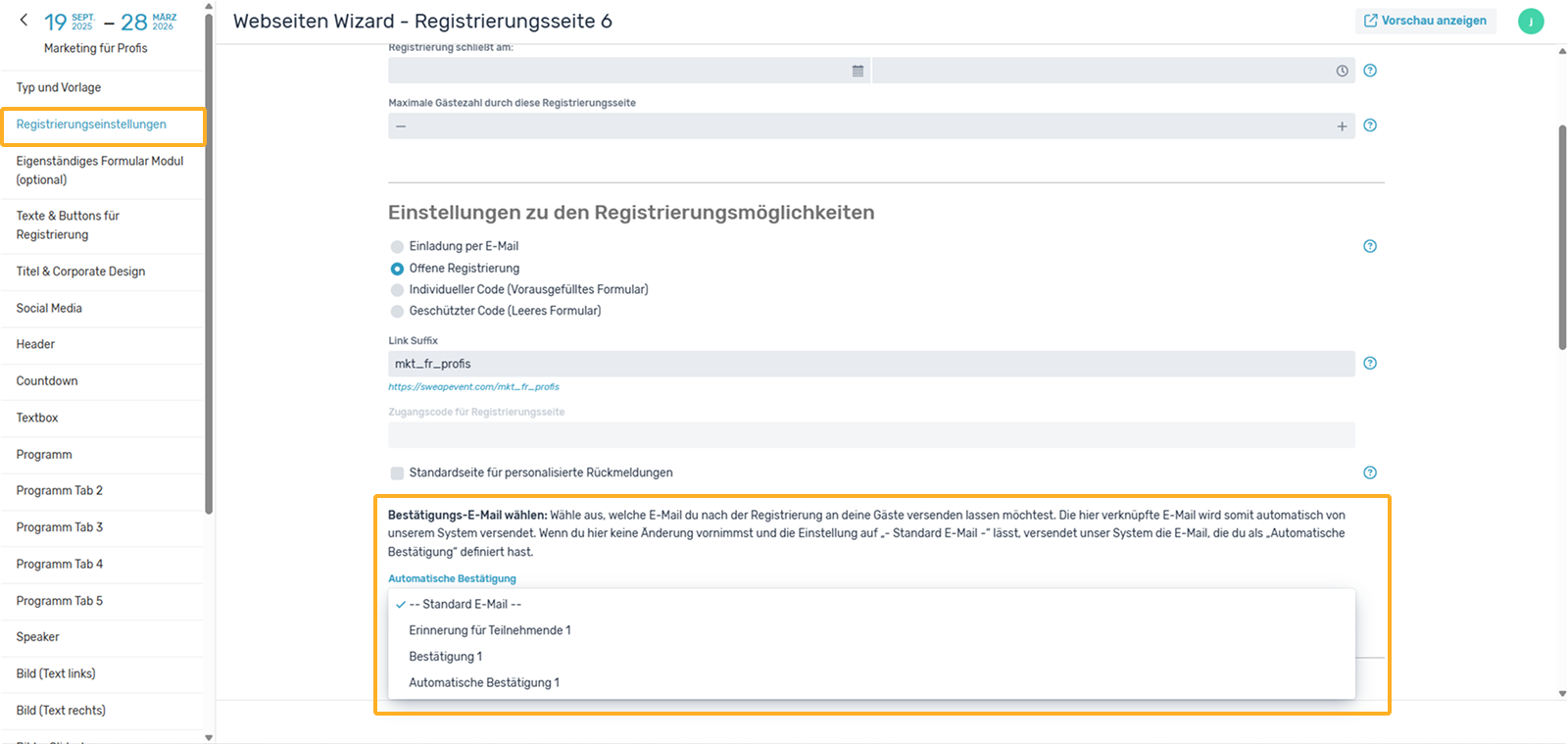 Bestätigungsmail in Registrierungsseite verlinken