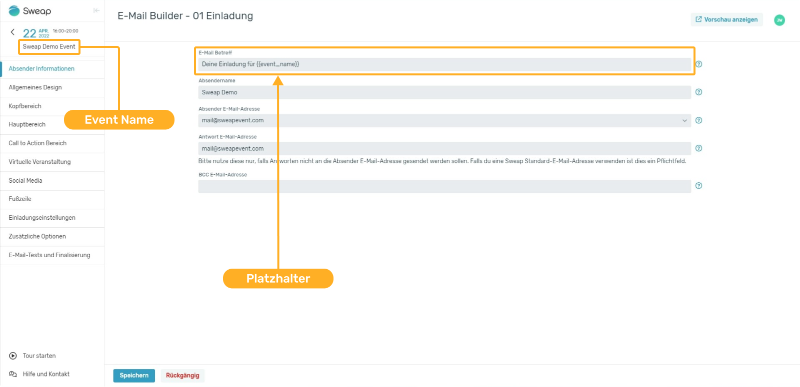 Platzhalter in E-Mail Betreff