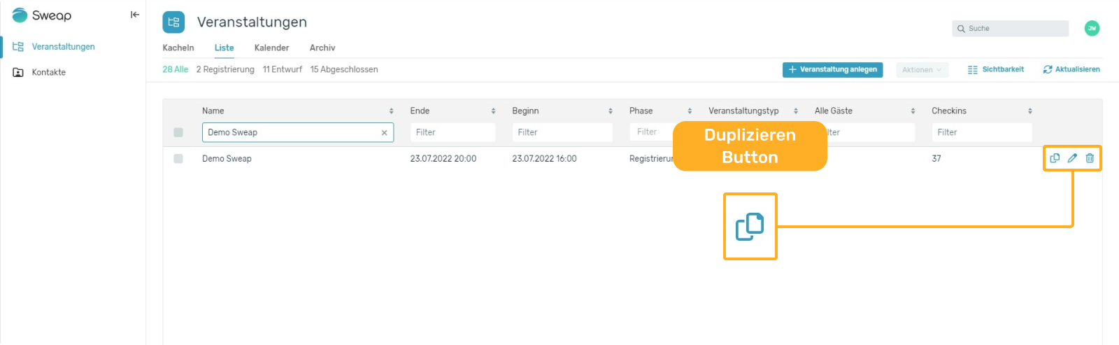 Veranstaltung duplizieren - Listenansicht - Duplizieren Symbol