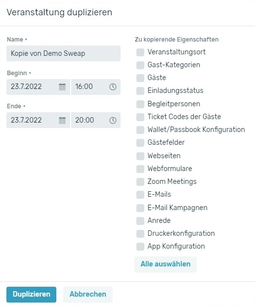 Veranstaltung duplizieren - Einstellungen