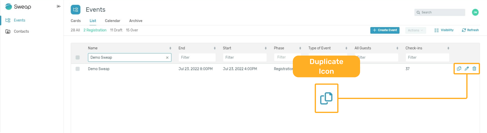 Duplicate event - list view - duplicate icon