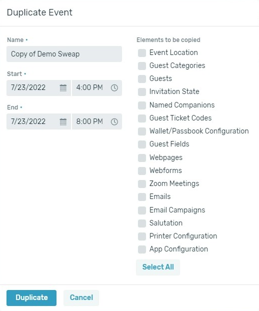 Duplicate event - settings