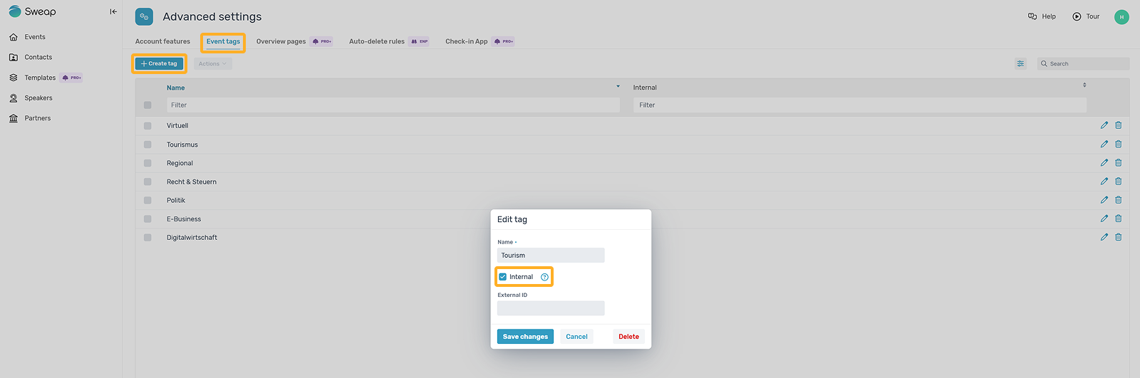 Event tags for internal use