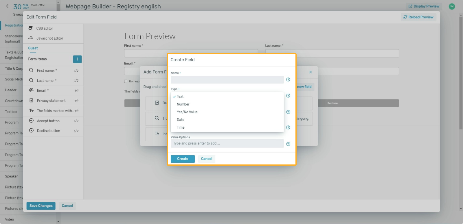 Fieldtypes from new fields in registration form