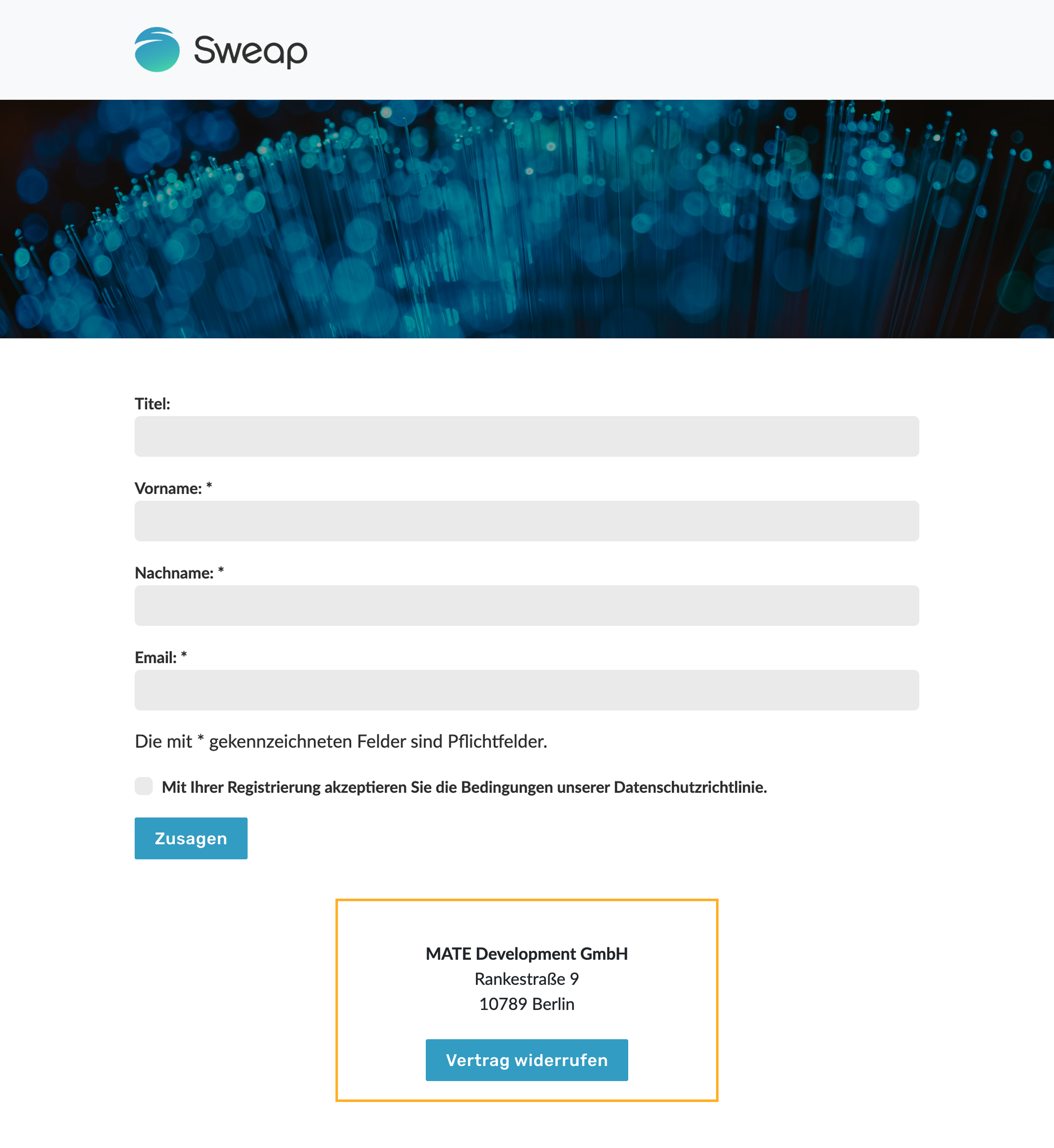 Veröffentlichte Registrierungsseite mit dem klar sichtbaren Widerrufsbutton im Footer