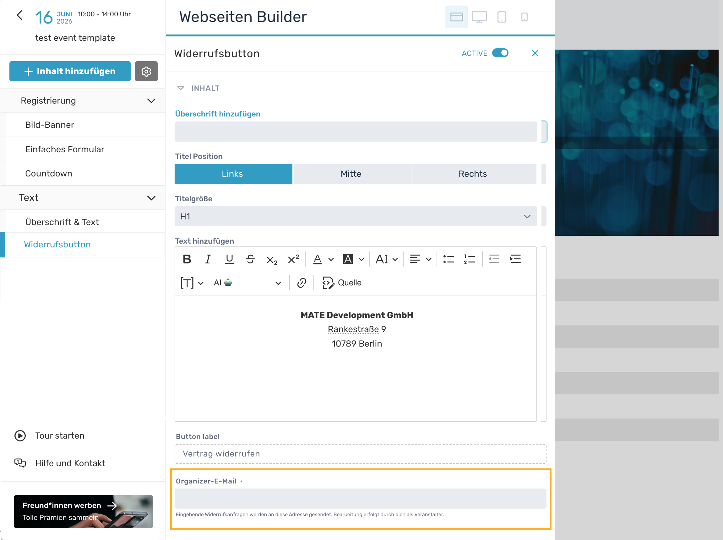 Moduleinstellungen mit dem Eingabefeld für die Organizer-E-Mail-Adresse]