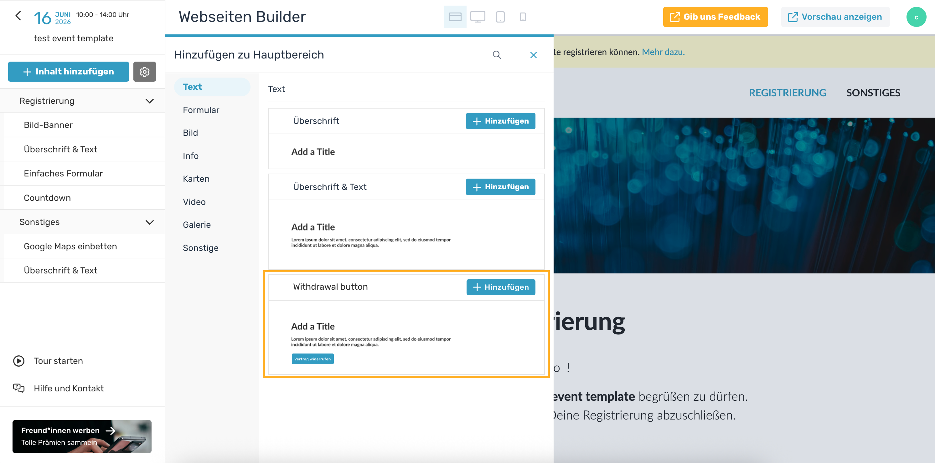 Webseiten Builder mit dem eingefügten Modul „Widerrufs Button_ auf der Seite in der Modulauswahl