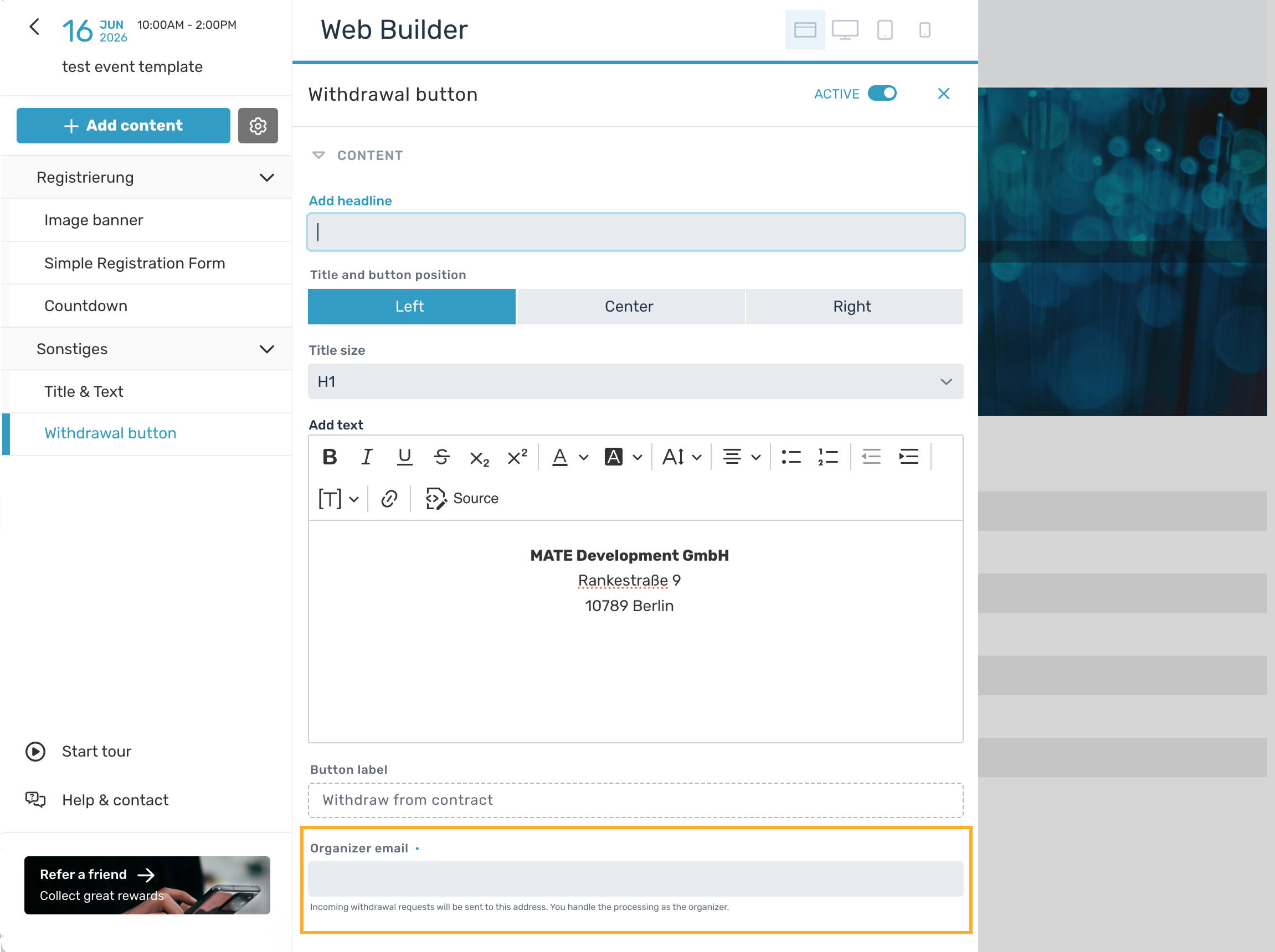 Module settings with the input field for the organizer email address