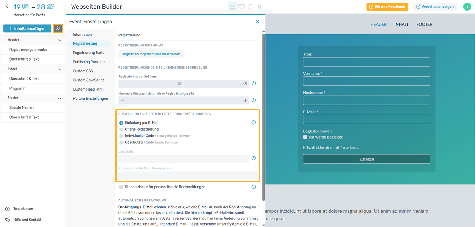 Registrierungseinstellungen Webseiten Builder