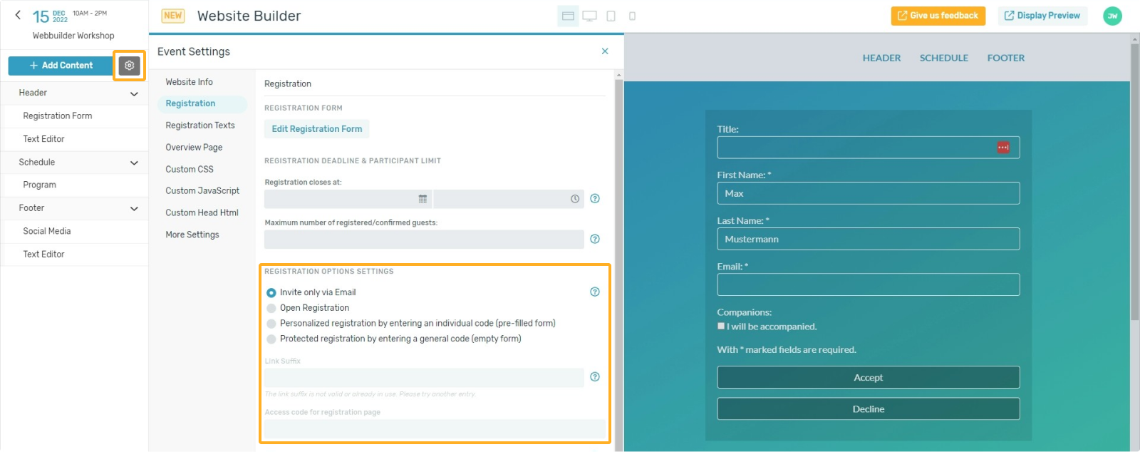 Settings registration page