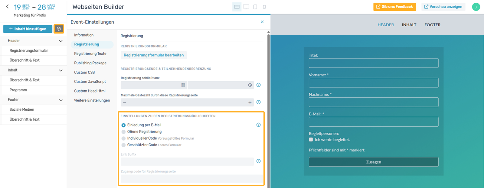 Einstellungen Registrierungsseite