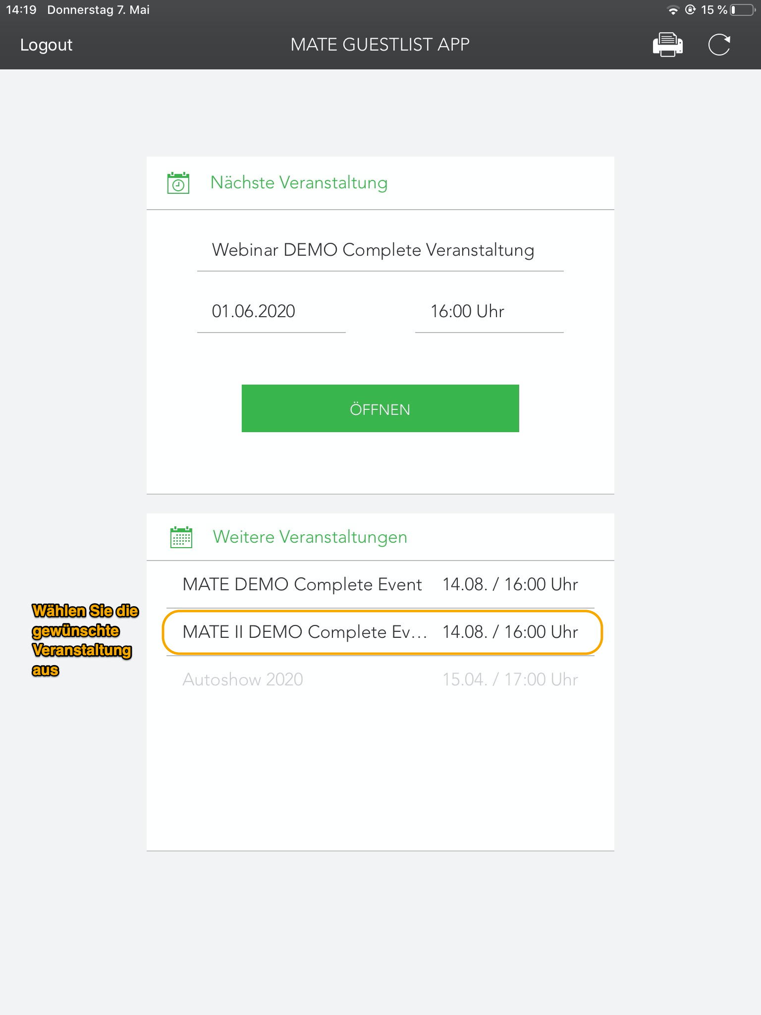 Bild MATE App - Übersicht Veranstaltungen